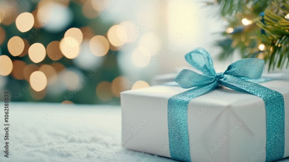 A beautifully wrapped gift with a turquoise bow near a decorated Christmas tree A beautifully wrapped gift with a turquoise bow near a decorated Christmas tree