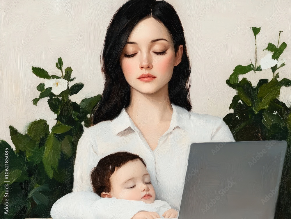 Mother Balances Work and Nurturing While Caring for Sleeping Baby Amidst Lush Greenery Mother Balances Work and Nurturing While Caring for Sleeping Baby Amidst Lush Greenery
