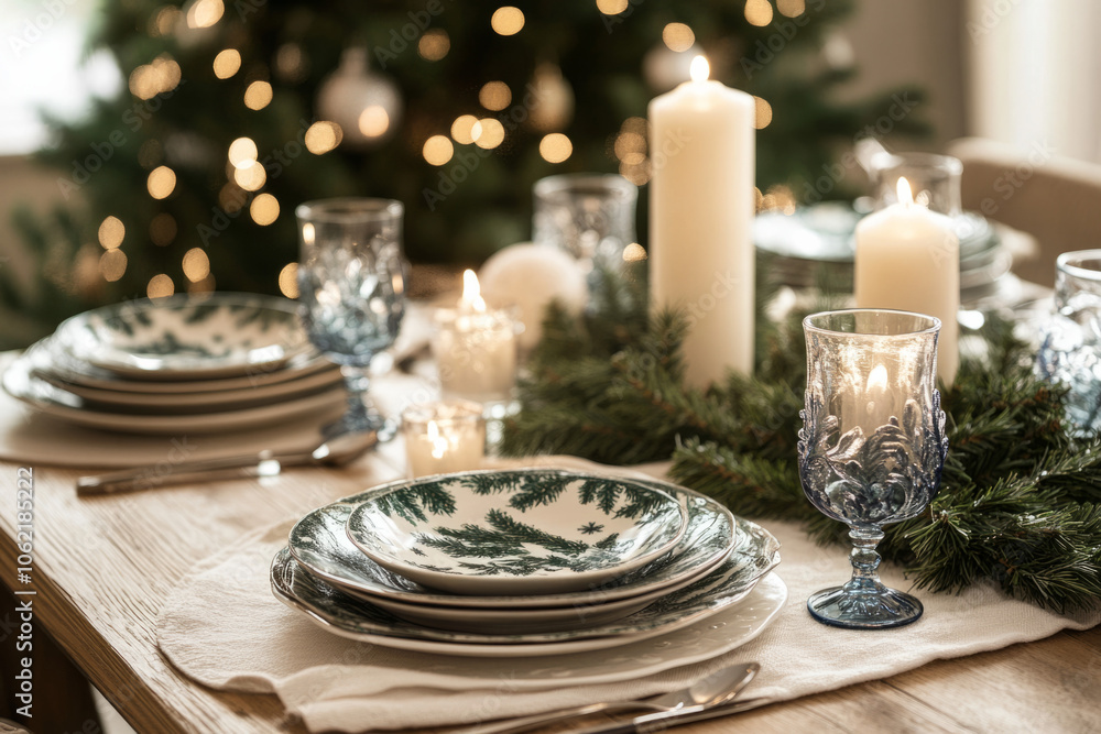Naklejka premium Elegant holiday dining table set up with candles and greenery in a cozy home