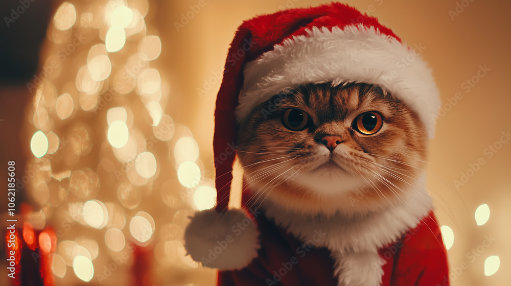 santa skotish cat Christmas mood. New year concept santa skotish cat Christmas mood. New year concept