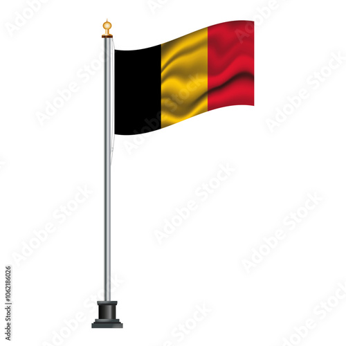 Belgian flag waving on a flagpole, isolated on transparent or white background, vector illustration. The national flag of Belgium.