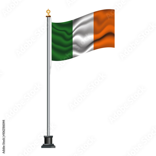Irish flag waving on a flagpole, isolated on transparent or white background, vector illustration. The national flag of Ireland.