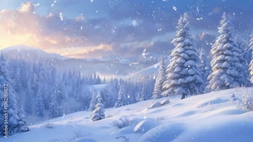 Wallpaper Mural A serene winter landscape with snow-covered trees and mountains under a soft, colorful sky. Torontodigital.ca