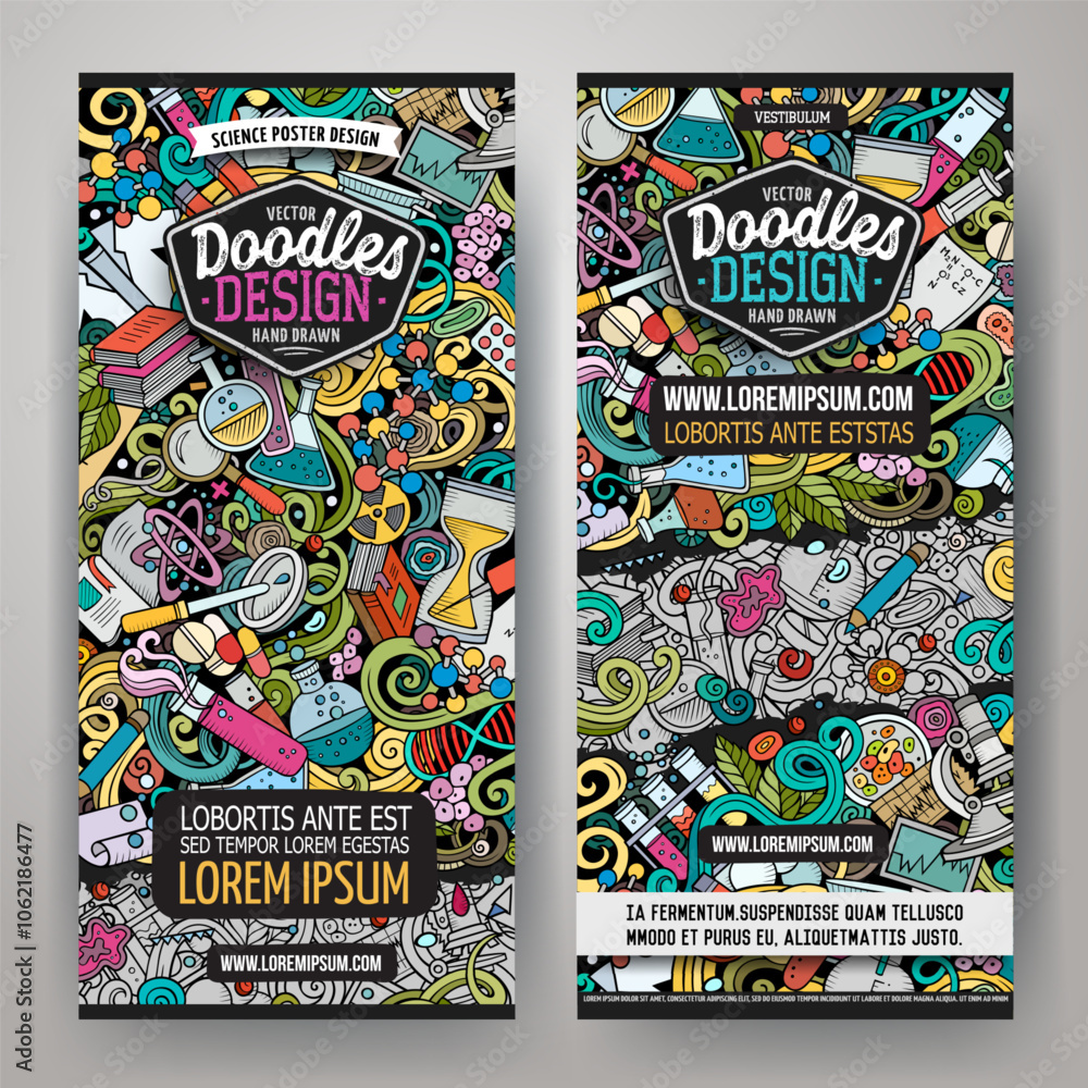 Cartoon vector doodle set of Science banners Cartoon vector doodle set of Science banners