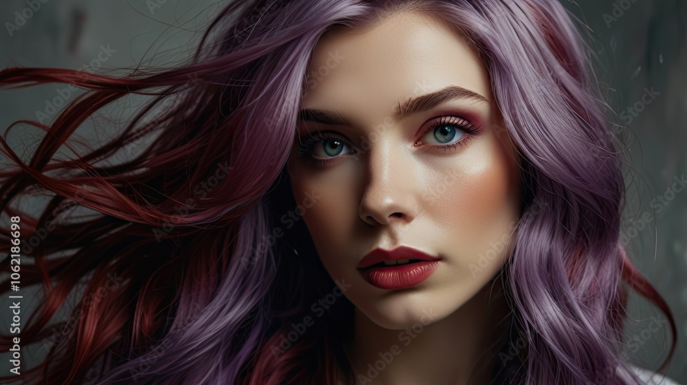 Fototapeta premium The young woman showcases her vibrant purple and red hair while gazing confidently emphasizing her bold makeup and artistic hairstyle in a studio setting