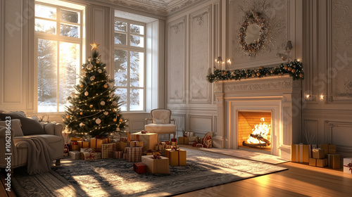 christmas interior with tree, presents and fireplace Christmas mood. New year concept