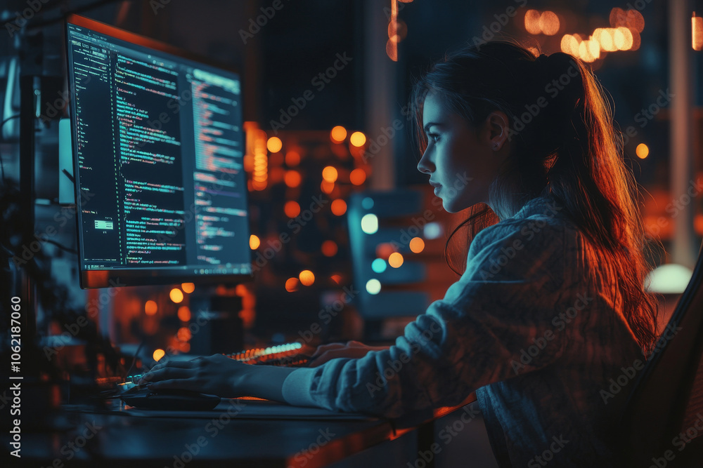 Focused female programmer working late at night in office. Young woman at workplace with computer screens displaying code. Programmer working on software development project late at night Focused female programmer working late at night in office. Young woman at workplace with computer screens displaying code. Programmer working on software development project late at night