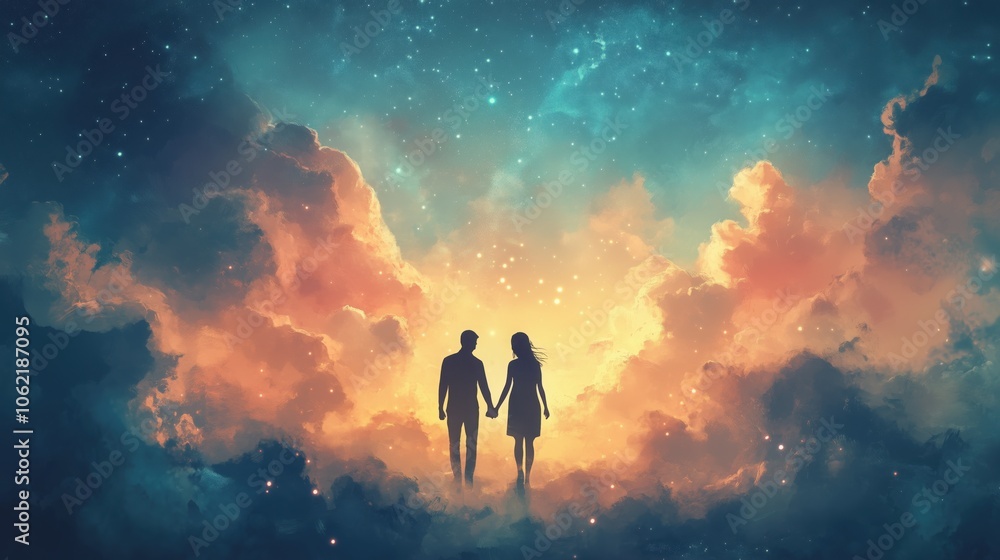 Fototapeta premium Illustration couple holding hands in dreamy sky cloud