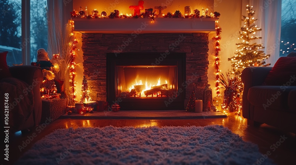 Cozy Festive Fireplace Area with Holiday Decorations Cozy Festive Fireplace Area with Holiday Decorations