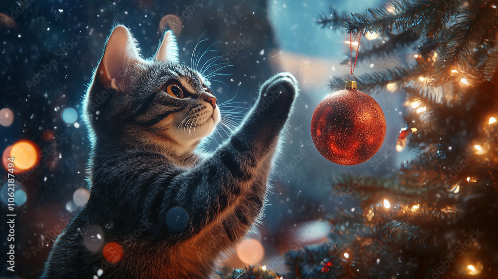santa donskoy cat playing ball new year tree Christmas mood. New year concept santa donskoy cat playing ball new year tree Christmas mood. New year concept