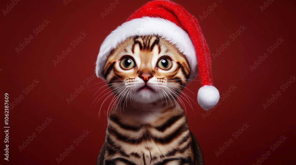 santa bengal cat Christmas mood. New year concept santa bengal cat Christmas mood. New year concept