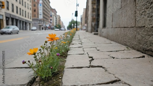 Fototapeta Naklejka Na Ścianę i Meble -  Wildflowers growing through cracks in a city sidewalk