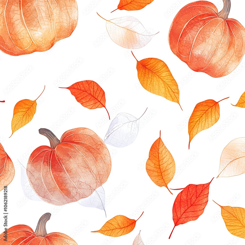 Obraz premium Pumpkins autumn leaves orange and red transparent texture.