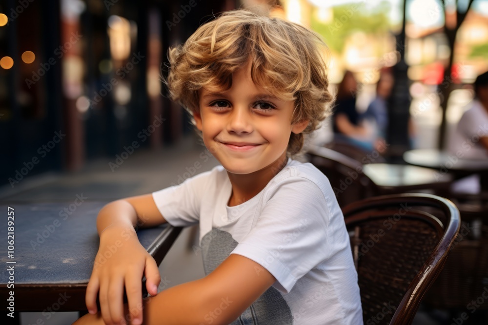 Portrait of a cute little boy sitting in a cafe and smiling Portrait of a cute little boy sitting in a cafe and smiling