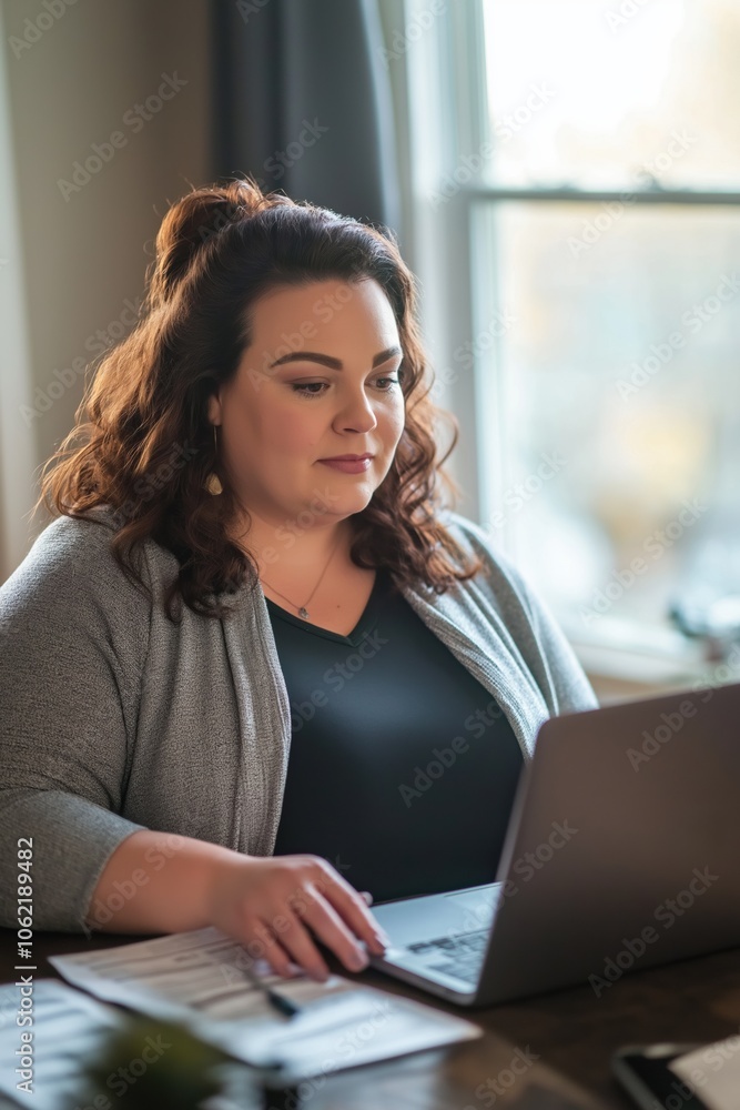 A woman is sitting at a desk with a laptop in front of her. She is wearing a black shirt and gray sweater A woman is sitting at a desk with a laptop in front of her. She is wearing a black shirt and gray sweater