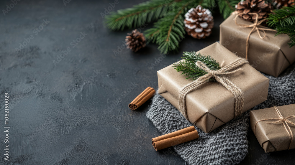 Fototapeta premium Beautifully wrapped holiday gifts with pinecones and cinnamon on dark surface
