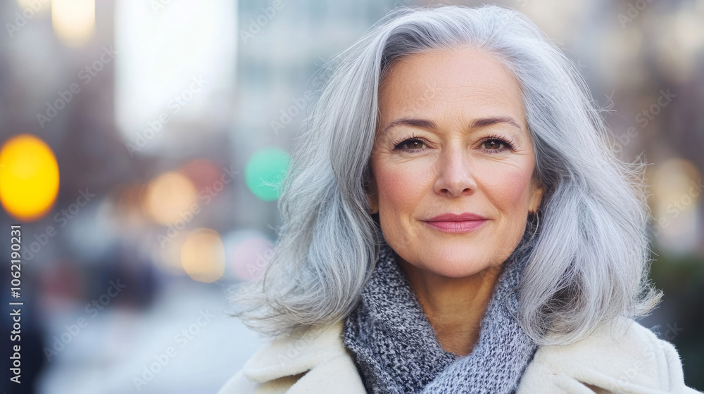 Confident older woman with gray hair smiling on a busy city street in daylight Confident older woman with gray hair smiling on a busy city street in daylight