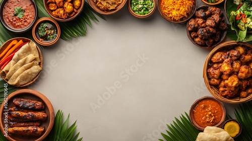 Colorful display of mauritian cuisine captured from above on a gray backdrop with palm leaves, creating a stunning culinary composition