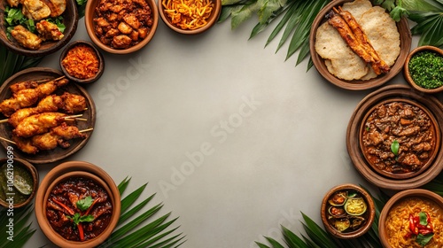 Delicious sri lankan cuisine dishes arranged on a table with palm leaves and copy space in the center, ideal for food blogs and menus