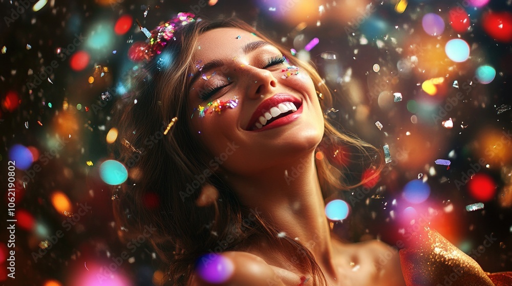 Happy Woman Celebrating New Year with Colorful Confetti in Vibrant Atmosphere Happy Woman Celebrating New Year with Colorful Confetti in Vibrant Atmosphere