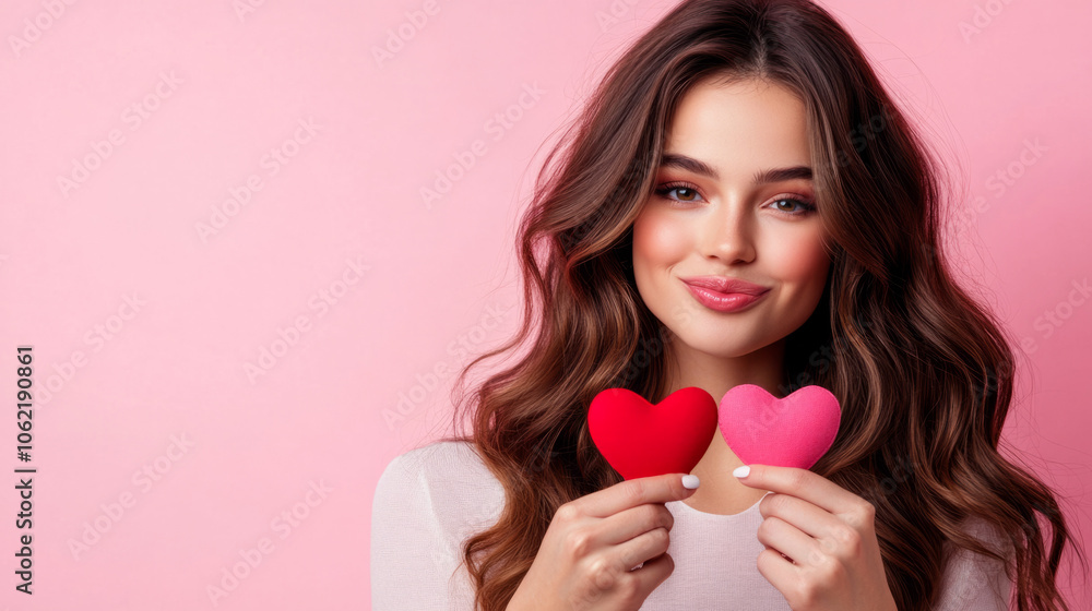 Young woman with heart decorations on pink background Young woman with heart decorations on pink background