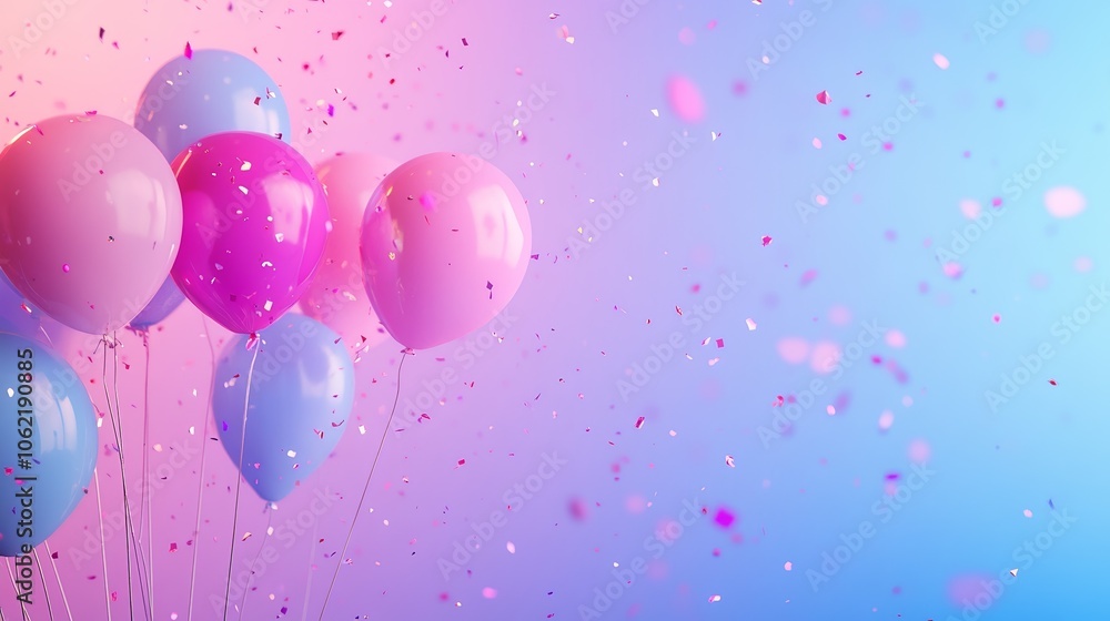 Colorful Balloons in Pink and Blue Tones on a Light Background with Confetti Colorful Balloons in Pink and Blue Tones on a Light Background with Confetti