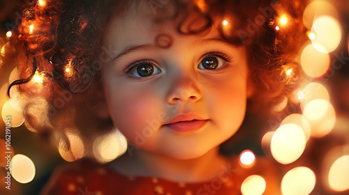 Beautiful Baby Girl with Curly Hair Smiling in a Soft Golden Light