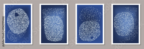 Modern, abstract banners featuring four minimalist designs in a series, each with a circular or rounded shape composed of small, white dots on a deep blue background. Festive wintry cosmic composition