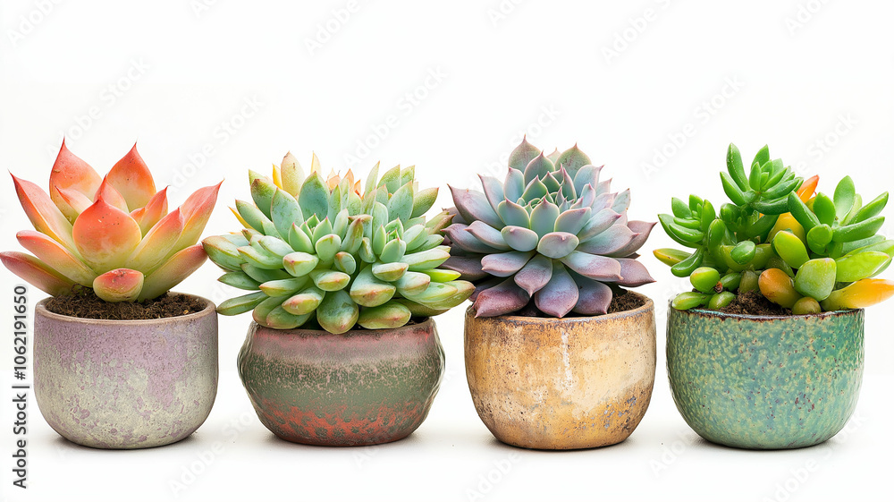 Various succulents in decorative pots against a white background Various succulents in decorative pots against a white background