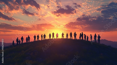 Silhouettes of Diverse People Standing Together at Sunset in Unity