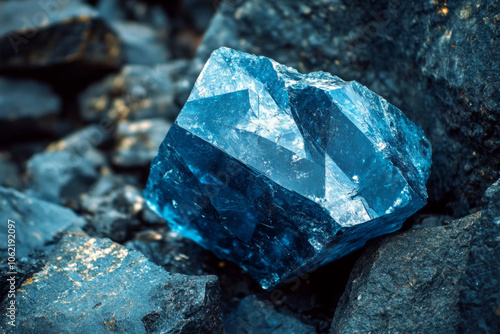 A striking blue crystal nestled among gray rocks in natural light photo