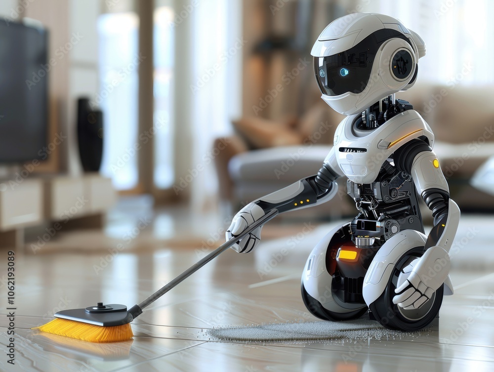 A home robot with wheels is cleaning the dirty floor with a broom