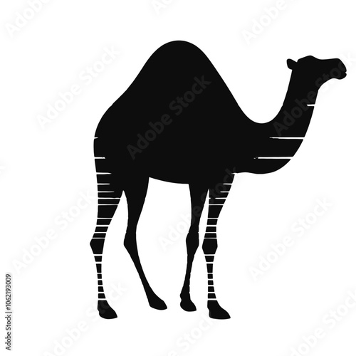 a black and white silhouette of a camel. The camel is shown in a simple, minimalist style with horizontal lines that create a zigzag pattern