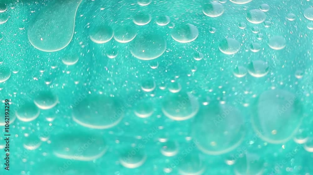 Una toma de cerca de varias burbujas de agua y aceite en movimiento en un fondo de color azul claro