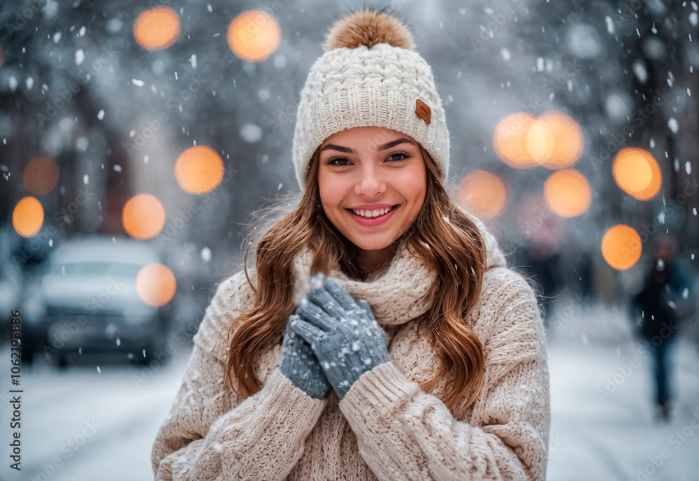 Portrait of a young smiling woman in a winter hat and sweater against a background of snow Portrait of a young smiling woman in a winter hat and sweater against a background of snow