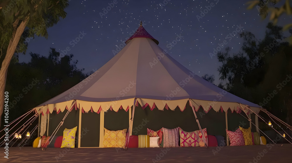 A beautifully designed tent with colorful cushions, set under a starry night sky. AI Image A beautifully designed tent with colorful cushions, set under a starry night sky. AI Image