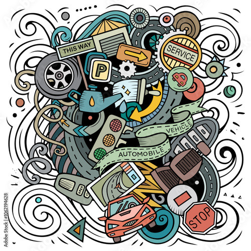 Auto Service cartoon vector illustration. Funny detailed composition with lot of Automotive objects and symbols