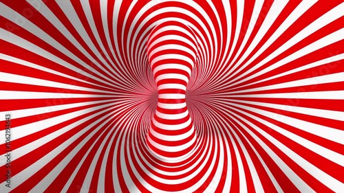 Candy Cane Red and White Donut 4K Loop features an abstract hypnotic animation with red and white striped lines with a handle shape in the center in a loop.