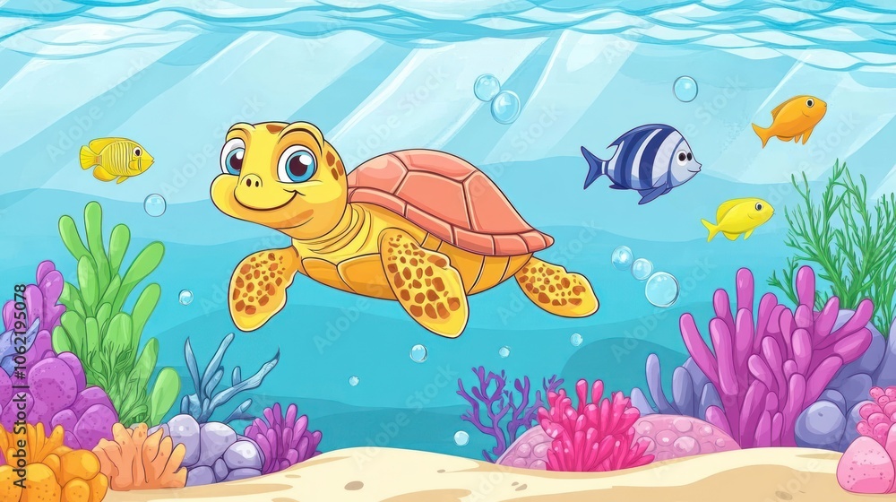 A Yellow Turtle Swimming Through an Underwater Scene with Fish and Coral A Yellow Turtle Swimming Through an Underwater Scene with Fish and Coral