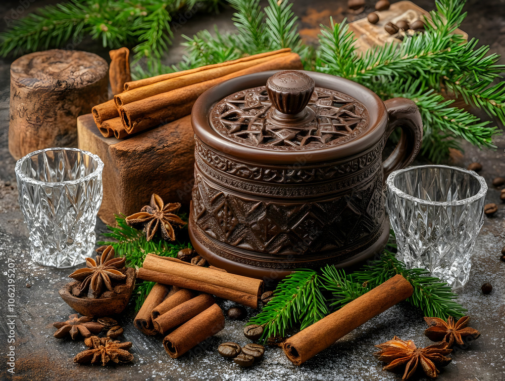 A cozy arrangement of spices, coffee, and decorative elements for a warm atmosphere. AI Image A cozy arrangement of spices, coffee, and decorative elements for a warm atmosphere. AI Image