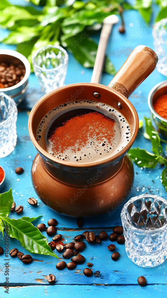 A copper pot with coffee, surrounded by coffee beans, spices, and glasses on a blue table. AI Image A copper pot with coffee, surrounded by coffee beans, spices, and glasses on a blue table. AI Image