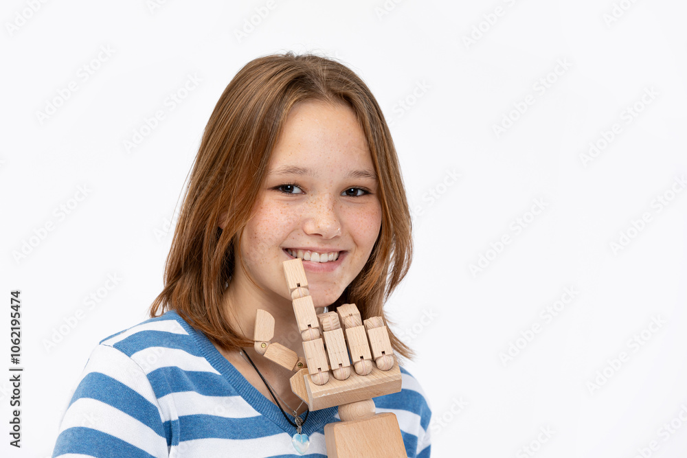 A cheerful girl is smiling while making a hand gesture often represented in wooden art A cheerful girl is smiling while making a hand gesture often represented in wooden art