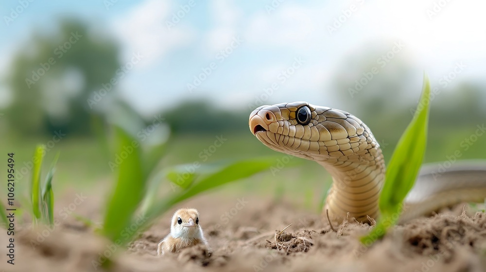 Fototapeta premium Cobra and Chick: A king cobra consumes a chick in a farmer's field.