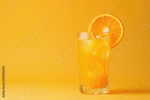 A Glass of Orange Juice with Ice and a Slice of Orange on a Yellow Background