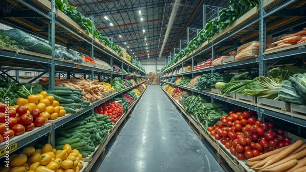 An organized grocery store aisle filled with fresh fruits and vegetables. An organized grocery store aisle filled with fresh fruits and vegetables.