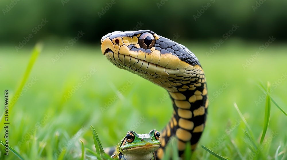 Cobra and the Frog: A king cobra swallows a frog in a grassy field. Cobra and the Frog: A king cobra swallows a frog in a grassy field.