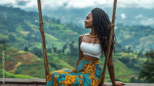 A woman in a white top and colorful skirt sits gently on a swing overlooking lush, green mountains. Her serene expression complements the tranquil scenery beautifully. photo