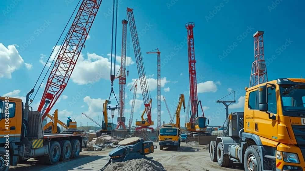 Construction site featuring various cranes and trucks under a clear blue sky. Construction site featuring various cranes and trucks under a clear blue sky.