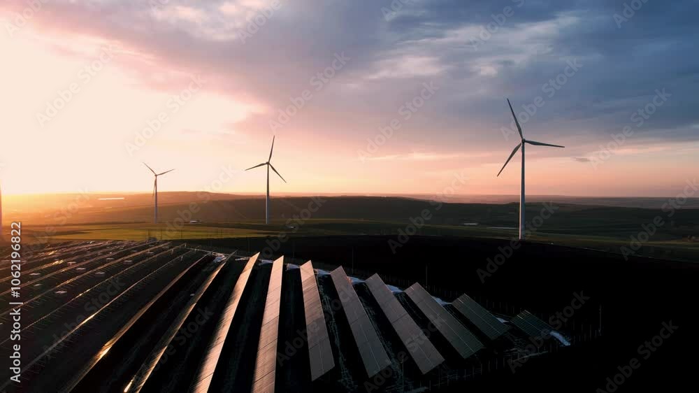 Green energy reduce carbon emissions and makes earth cleaner and more ecological.	
Solar panels park and wind turbines at sunset.Windmill turbines generating green energy electric.