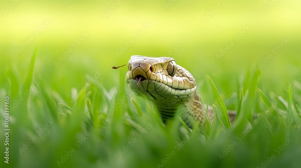 Fototapeta premium Cobra in the Grass: A king cobra swallows a cricket in the tall grass.